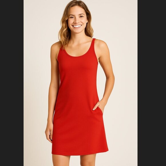 Title Nine Red Sleeveless Dress Recycled Nylon & Spandex Blend With Pockets For - Picture 1 of 12